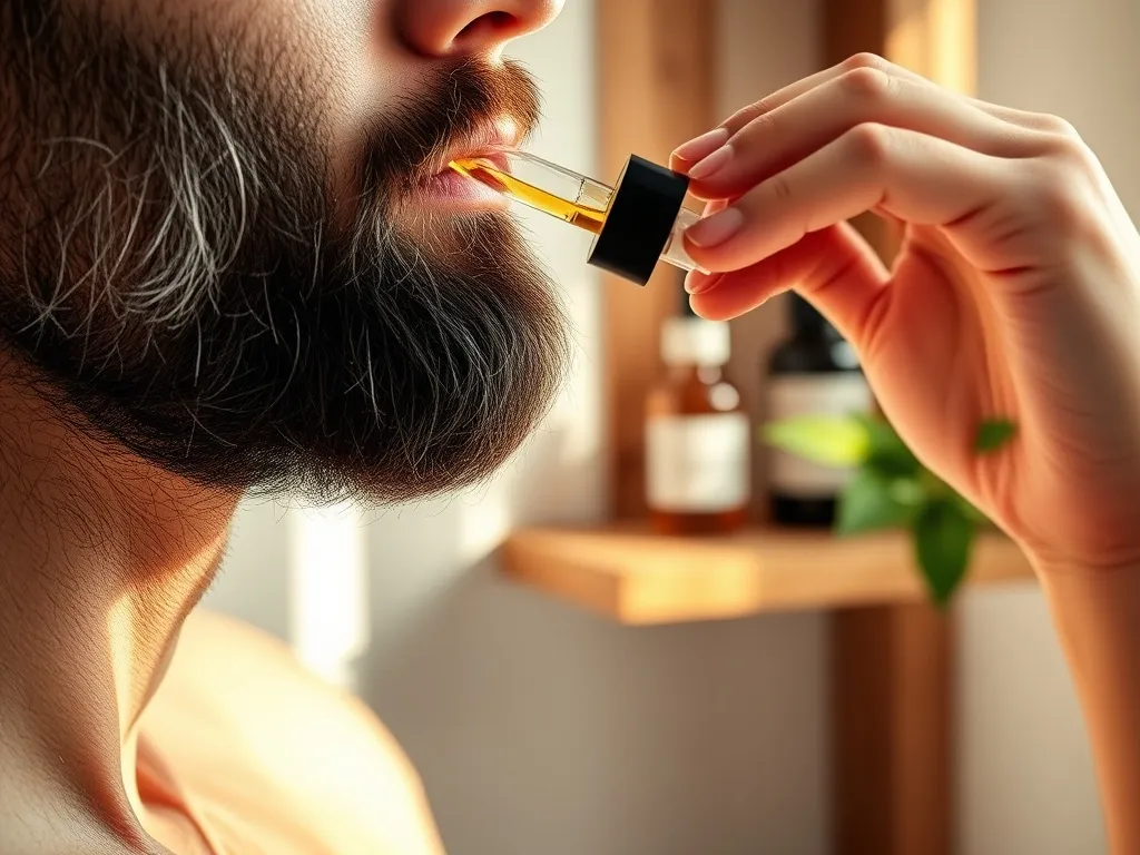 Mężczyzna nakłada pipetą olejek na zadbaną, lśniącą brodę; elegancka, naturalna scena pielęgnacji zarostu.