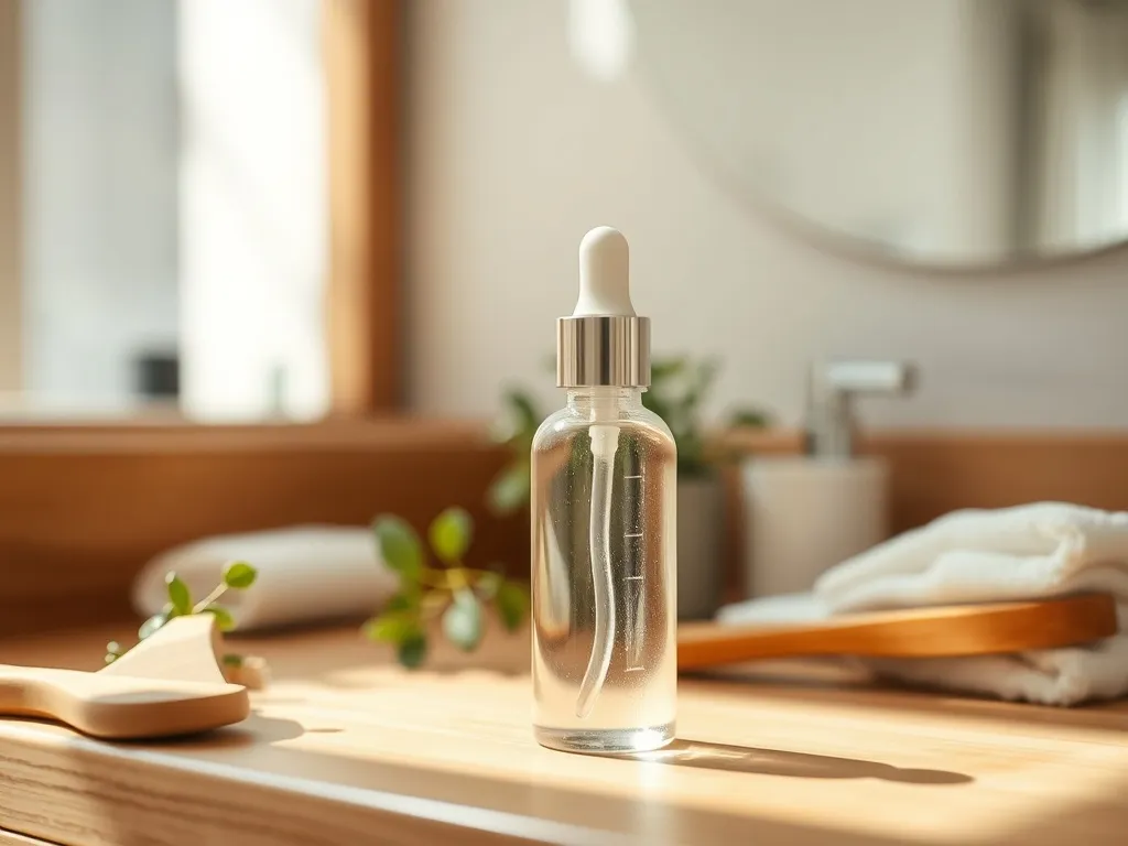 Butelka wcierki do włosów z pipetą na drewnianym blacie łazienki obok szczotki i rośliny, w minimalistycznym, spa klimacie.
