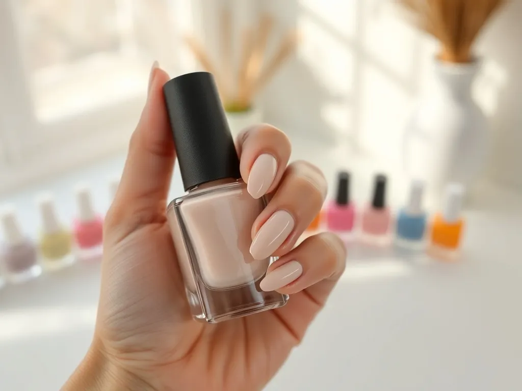Dłoń z pastelowym manicure hybrydowym trzyma buteleczkę lakieru, w tle rozmyte kolorowe lakiery na białym tle.