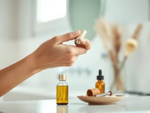 Kobieta masuje policzek eleganckim masażerem do twarzy, obok leżą olejek i akcesoria, w spokojnej, spa‑like łazience.