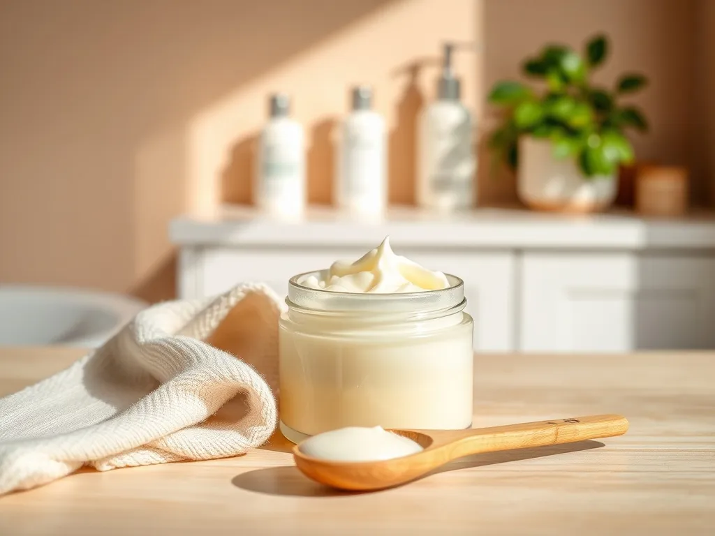 Gęsty balsam do bardzo suchej skóry w otwartym słoiku na jasnym stole, obok ręcznik i szpatułka, minimalistyczna łazienka.