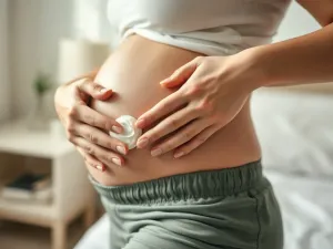 Kobieta w ciąży delikatnie wmasowuje krem w skórę brzucha, podkreślając pielęgnację rozstępów i troskę o ciało.
