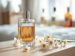 Elegancki flakon perfum na toaletce, otoczony kwiatami, w jasnej, kobiecej aranżacji sypialni.