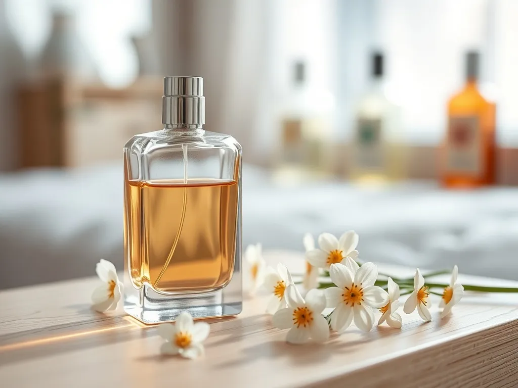 Elegancki flakon perfum na toaletce, otoczony kwiatami, w jasnej, kobiecej aranżacji sypialni.