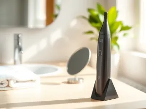 Elegancki trymer do nosa na jasnym blacie łazienki obok lustra i ręcznika, w nowoczesnym, minimalistycznym wnętrzu.