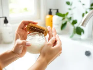 Dłonie kobiety trzymające peeling do skóry głowy i drewniany masażer na jasnym blacie, w tle kosmetyki i roślina.