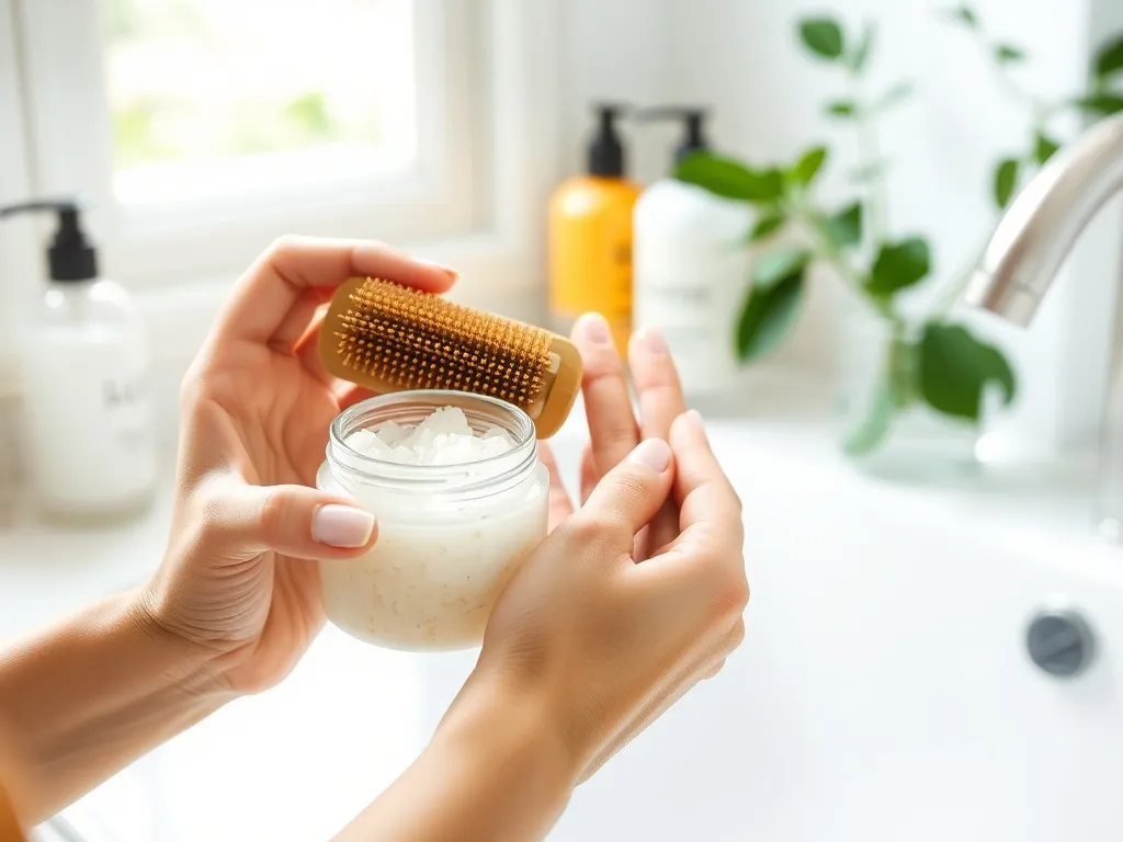 Dłonie kobiety trzymające peeling do skóry głowy i drewniany masażer na jasnym blacie, w tle kosmetyki i roślina.