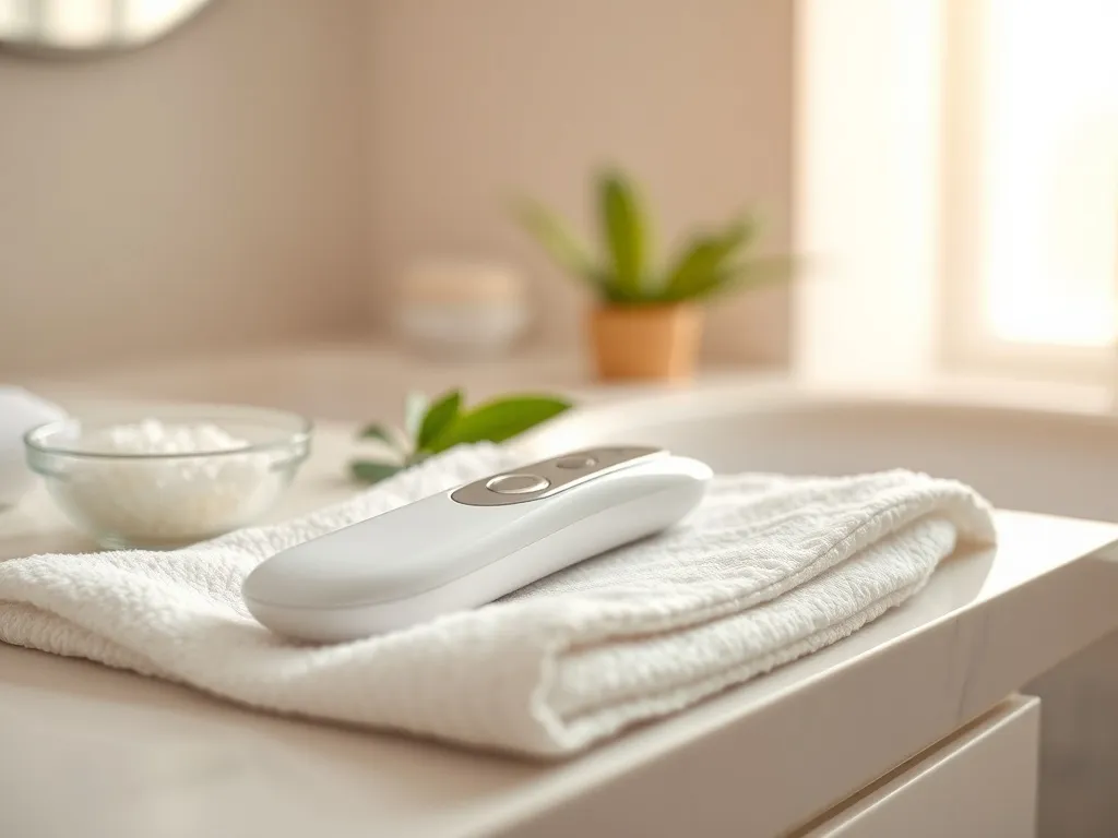Elektryczny pilnik do pięt na białym ręczniku w łazience, obok soli do kąpieli i liścia, w minimalistycznym stylu spa.