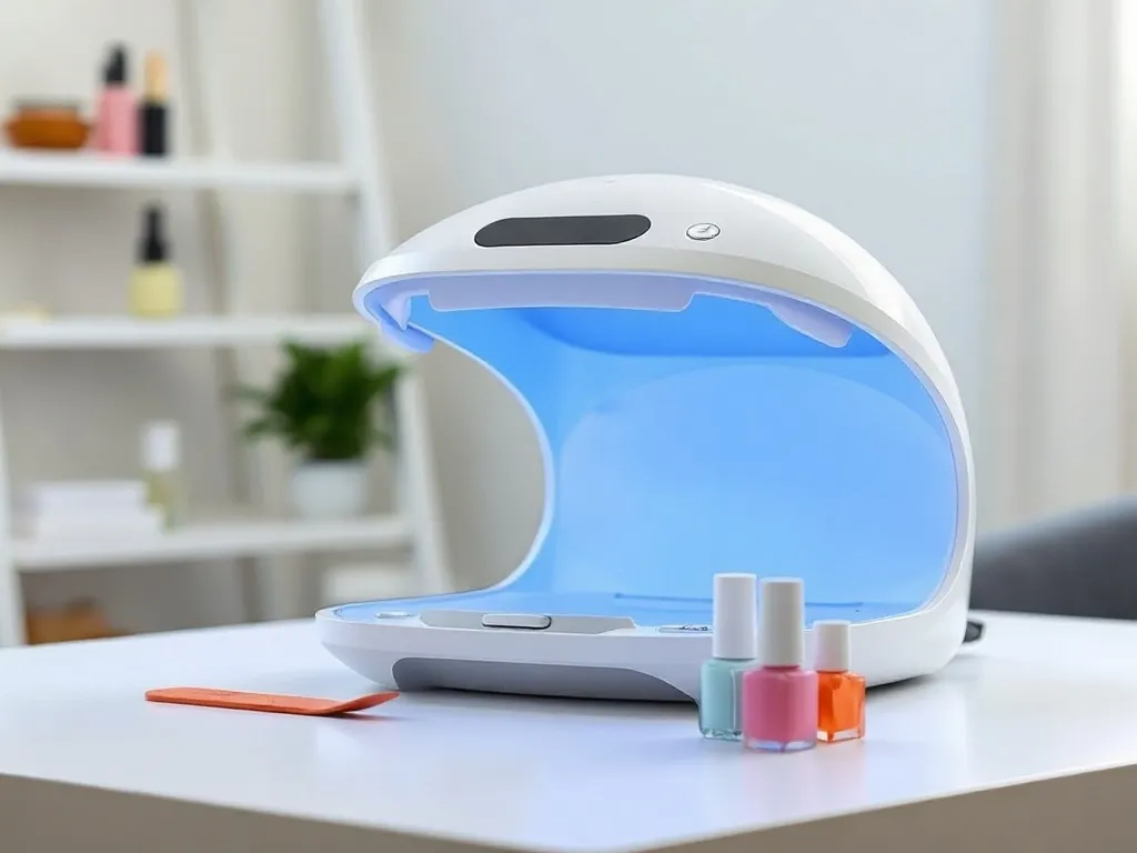 Minimalistyczna lampa UV/LED do paznokci na białym stole, otoczona akcesoriami manicure w domowym kąciku beauty.