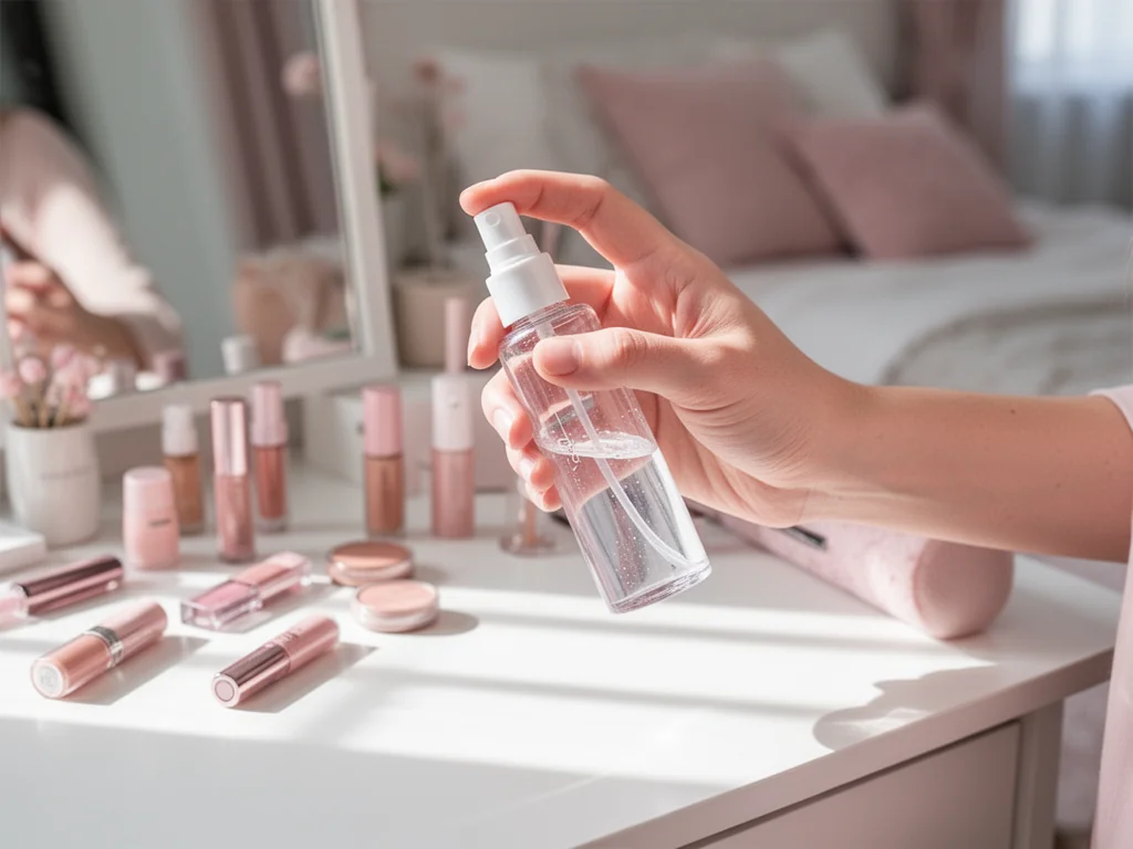 Dłoń kobiety trzyma przezroczysty utrwalacz do makijażu nad toaletką z kosmetykami, w jasnym, przytulnym kąciku beauty.