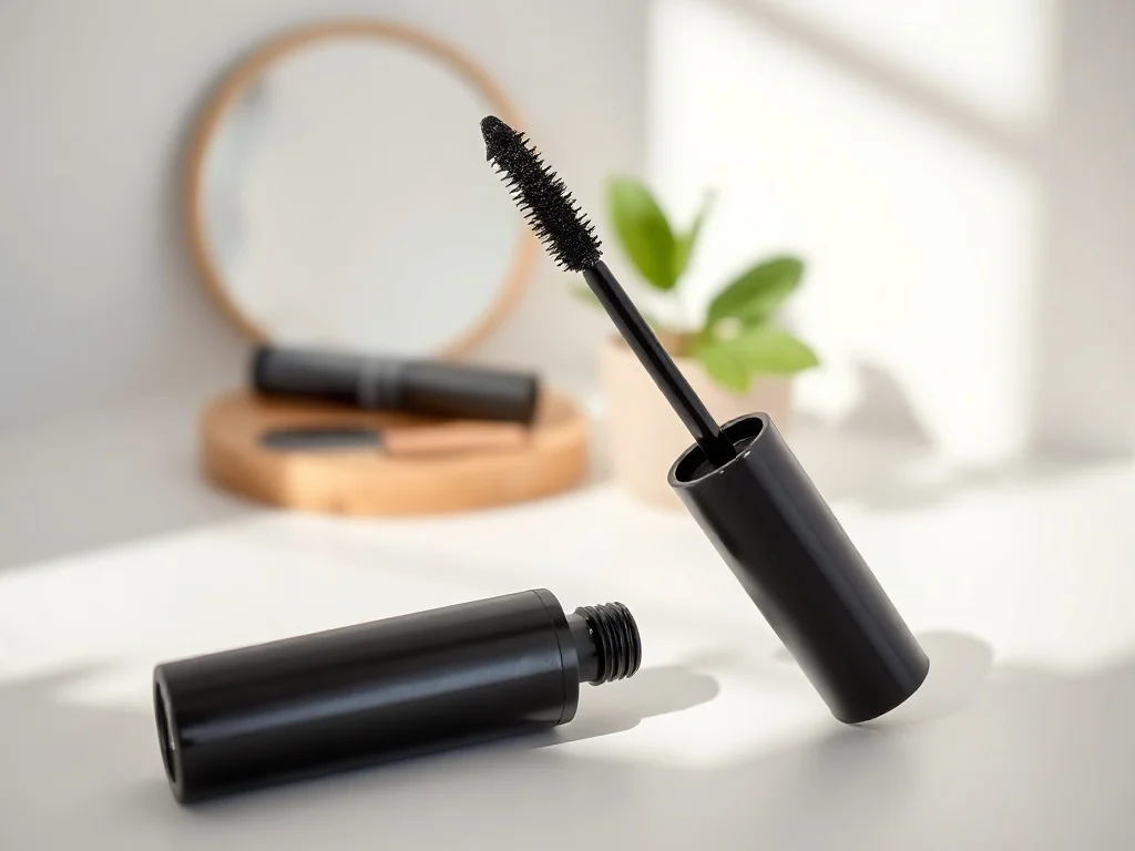 Czarny tusz do rzęs z otwartą szczoteczką na białym tle, w towarzystwie lustra i liścia, w minimalistycznej aranżacji beauty
