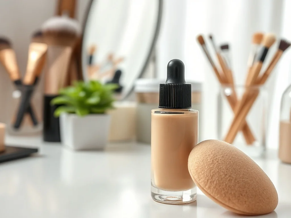 Otwarty podkład kryjący z gąbeczką na białej toaletce, w tle rozmyte pędzle i lustro w jasnym kąciku beauty