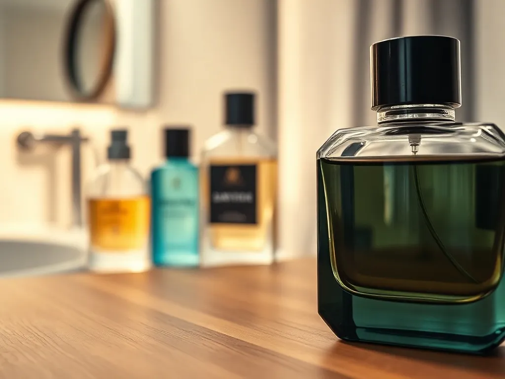 Elegancki flakon męskich perfum na drewnianej powierzchni, w tle rozmyte inne zapachy, minimalistyczne, luksusowe wnętrze.