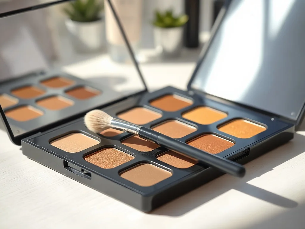 Paleta trwałych cieni w neutralnych i błyszczących odcieniach z pędzlem, w jasnej, eleganckiej aranżacji beauty