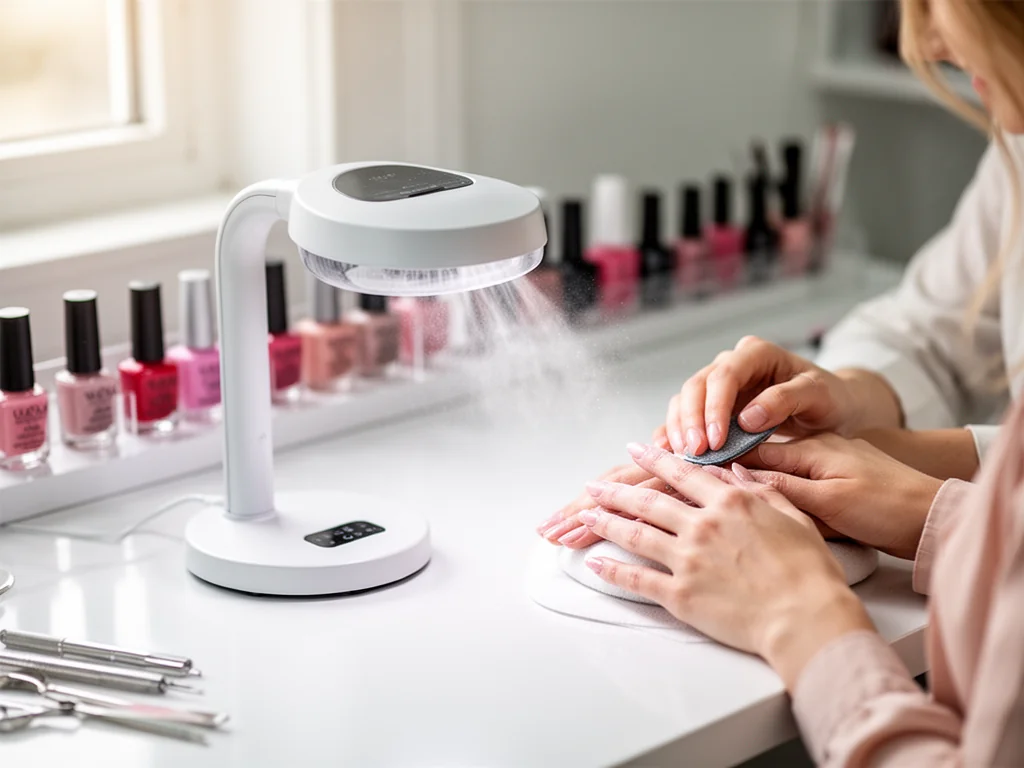 Nowoczesny pochłaniacz pyłu przy manicure, wciągający drobinki podczas piłowania paznokci w sterylnym salonie