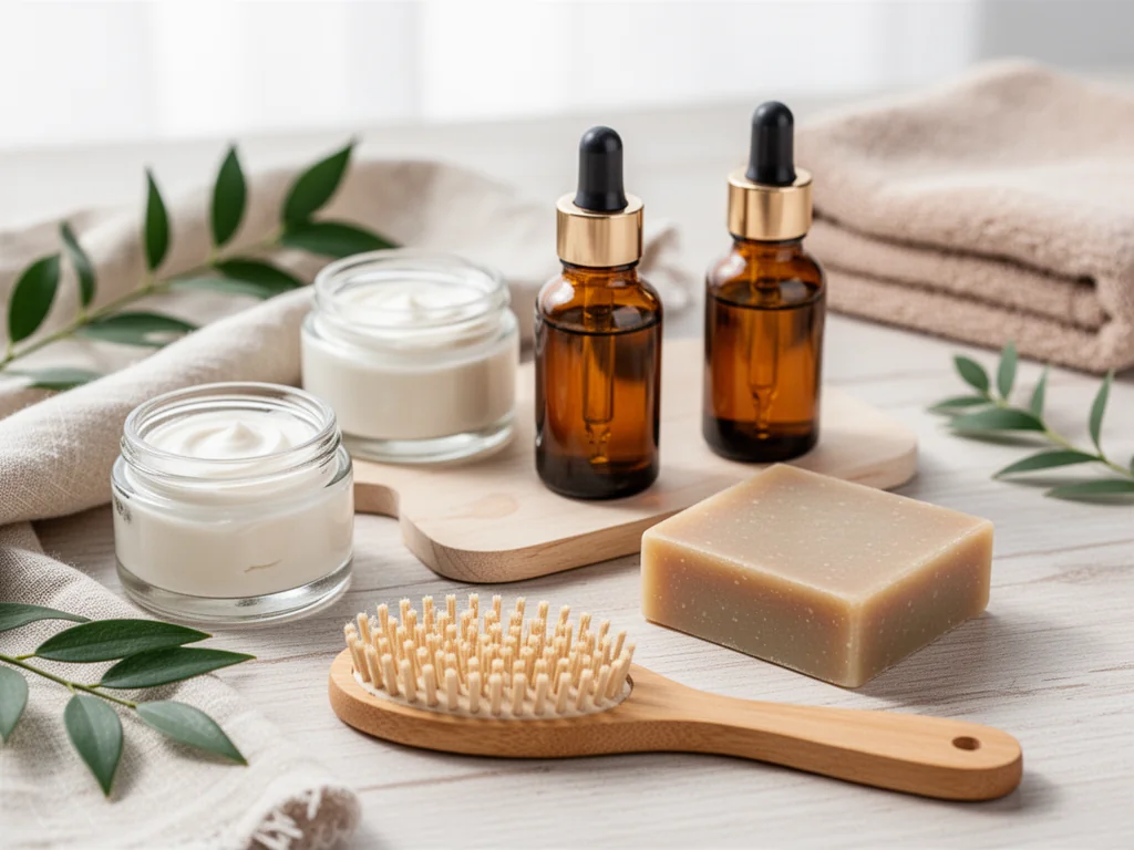 Naturalne kosmetyki pielęgnacyjne na drewnianym tle, szklane słoiczki i butelki serum, mydło oraz bambusowa szczotka w aranżacji eko