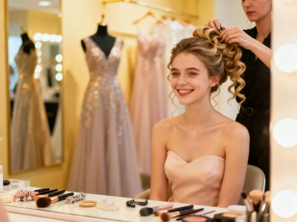 Młoda kobieta szykuje eleganckie upięcie na studniówkę w jasnej, stylowej garderobie, w tle suknie wieczorowe, no text on the picture